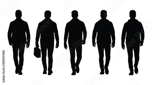 Silhouette of five men walking forward one carrying a briefcase