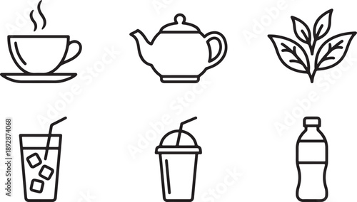 Beverage and drink icons collection featuring hot tea, iced coffee, and water bottle outlines Vector