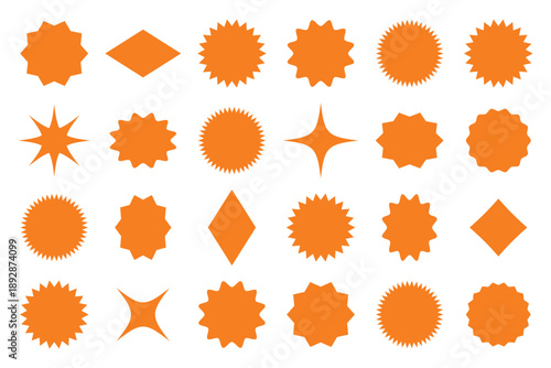 Set of black star burst shape tags for price. Circle sticker. Wavy edge promo badges. Blank sale stickers collection. Design elements of Price sticker, sale sticker, starburst, quality mark, retro. 