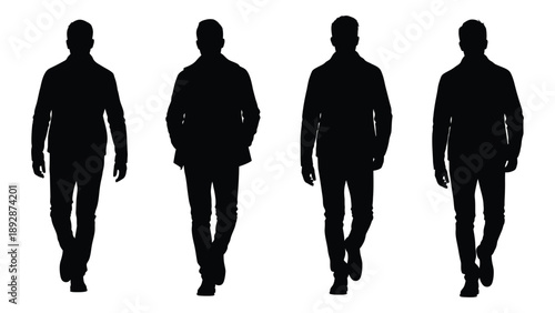 Four silhouetted figures of men walking in a linear arrangement