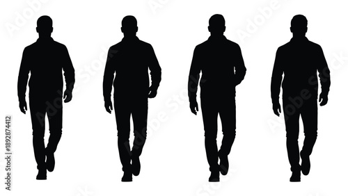 Four silhouetted figures of men walking forward in a linear arrangement