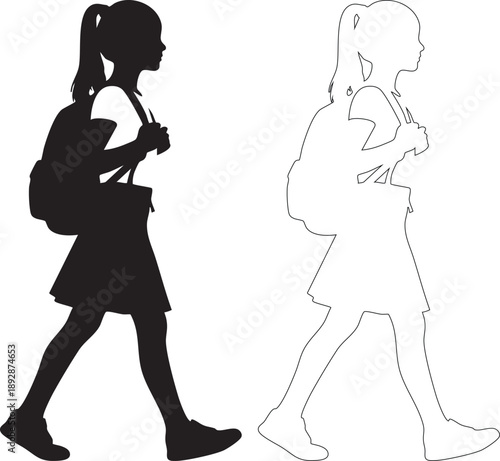 Black and white silhouettes of two schoolgirls walking with backpacks