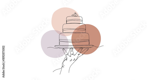 Minimalist one-line drawing of a hand presenting a tiered cake