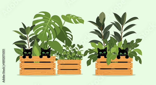 A delightful illustration of four black cats playing hide and seek in a collection of green houseplants.