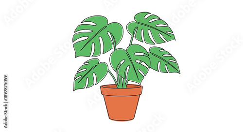 A simple single line drawing of a monstera plant in a terracotta pot