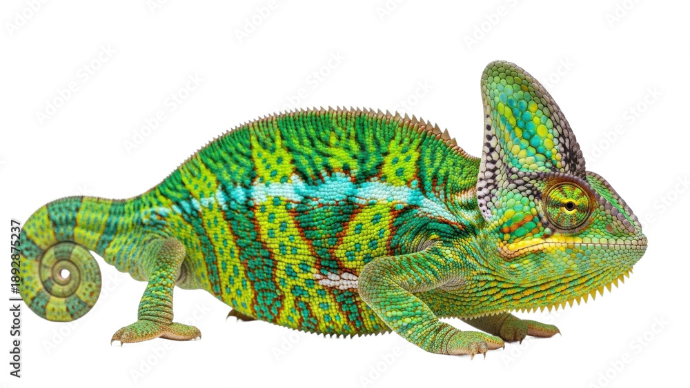 Naklejka premium Colorful chameleon resting on a surface during daylight hours in a clear space