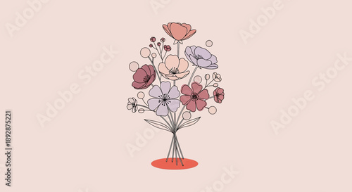 Elegant single line art illustration of a beautiful flower bouquet in pastel colors