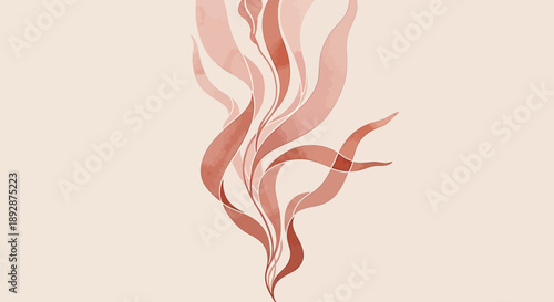 Minimalist abstract illustration of flowing plant-like elements in shades of dusty rose