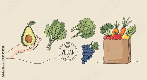 A minimalist illustration of fresh vegan produce, including an avocado, grapes, and a paper grocery bag