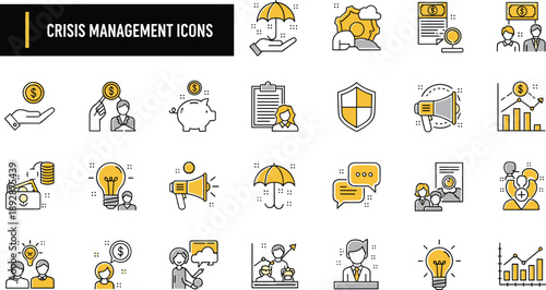 Professional crisis management line icon set featuring financial insurance, risk protection, business stability, emergency planning, and strategic leadership symbols for economic growth and safety.