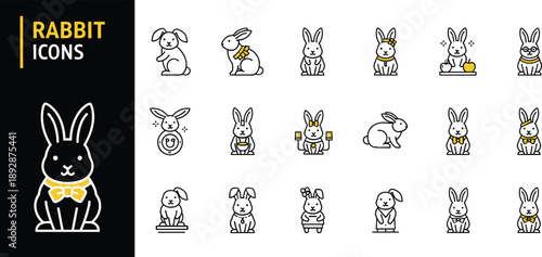 Professional cute rabbit line icon set featuring bunny characters, Easter hares, magic hats, carrot snacks, and adorable pet animal symbols for decorative child design.
