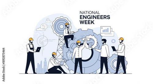 Illustration of engineers working together with machine elements in a factory setting for National Engineers Week in America.