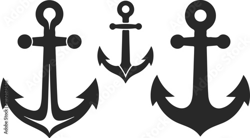 Set of three black nautical anchor icons for marine and sea navigation design