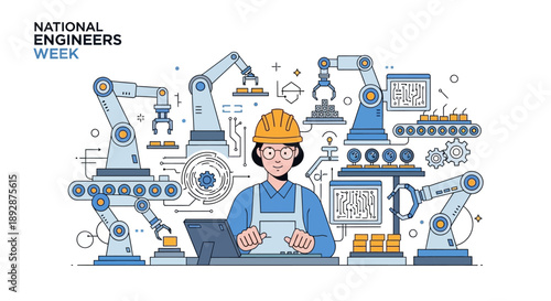 An engineer in a yellow hard hat works on a laptop surrounded by industrial machines and elements celebrating National Engineers Week in a factory setting with a mix of blue and orange hues.
