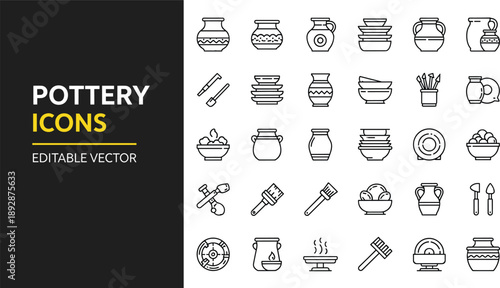Professional pottery and ceramics line icon set featuring handmade clay vases, terracotta pots, ceramic bowls, kiln equipment, and artisanal craft workshop symbols for design.