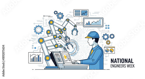 An engineer in a blue uniform works on a computer with machine elements and graphs around, celebrating National Engineers Week in a factory setting with a vector illustration style.