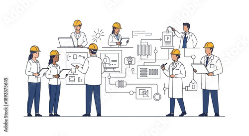Illustration of engineers and people collaborating around a complex machine with various elements in a factory setting for National Engineers Week in America.