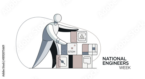 An engineer in a simple line drawing holds a large stack of industrial and engineering elements in a factory setting for National Engineers Week in America.