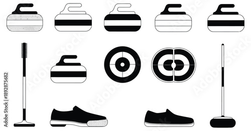 Curling Equipment Silhouette Illustration, vector artwork of ice game gear including stones and brooms for winter sports, team competition, and athletic design.