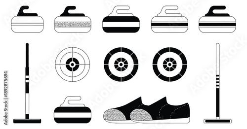 Curling Equipment Silhouette Illustration, vector artwork of ice game gear including stones and brooms for winter sports, team competition, and athletic design.