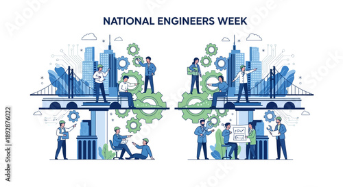 Illustration of engineers working on machine elements in a factory for National Engineers Week in America, with a mix of industrial and technical elements.