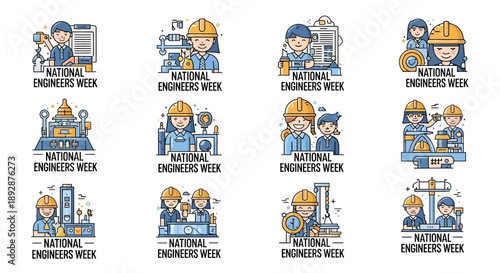 Vector illustrations of engineers and machines celebrating National Engineers Week in a factory setting with a mix of industrial elements and people.