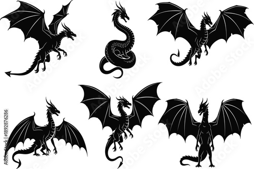 Collection of Six Mythical Dragon Silhouette Vector Illustration Set with Large Wings and Sharp Tails for Fantasy Game Mascot Design