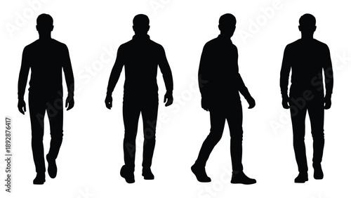Four silhouetted figures of men standing in various poses against a white background