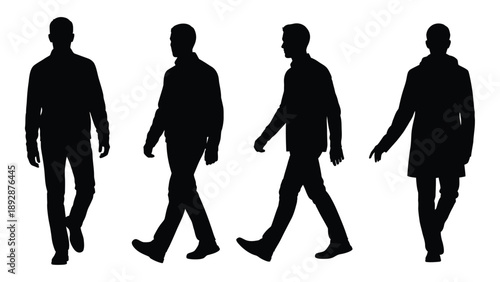 Silhouettes of four men walking in various poses depicted in black and white