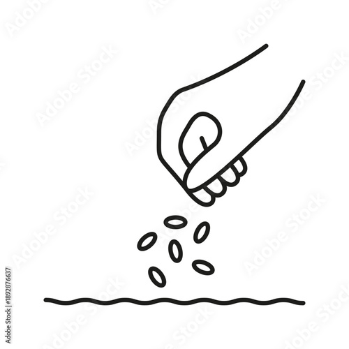 Hand Sowing Seeds Line Icon. Agriculture, Planting, And Gardening Outline Symbol. Sustainable Farming And Crop Cultivation. Editable Stroke. Isolated Vector Illustration