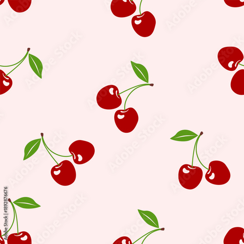 Cherries on a pink background, summer seamless pattern. Ornament for fabric, clothing, textiles, surface textures, wrapping paper, and scrapbooking. Vector illustration.