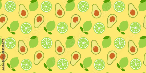 Lime and avocado on a green background, summer seamless pattern. Ornament for fabric, clothing, textiles, surface textures, wrapping paper, and scrapbooking. Vector illustration.