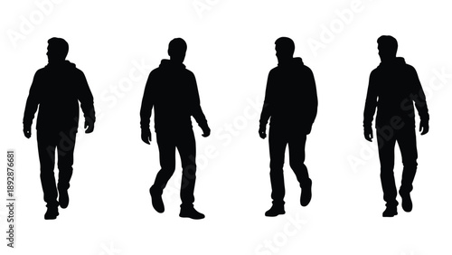 Four silhouetted figures walking forward in a linear arrangement high quality