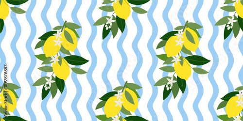 Blooming lemon branches: summer seamless pattern. Ornament for fabric, clothing, textiles, surface textures, wrapping paper, and scrapbooking. Vector illustration.