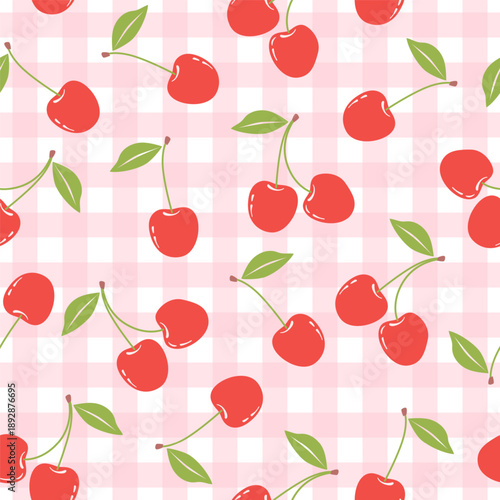 Cherries and green leaves on a checkered background, summer seamless pattern. Ornament for fabric, clothing, textiles, surface textures, wrapping paper, and scrapbooking. Vector illustration.