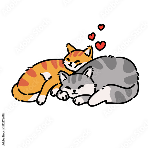 Two cats sleeping together with hearts, expressing love, comfort, and companionship in a soft colored cartoon style.