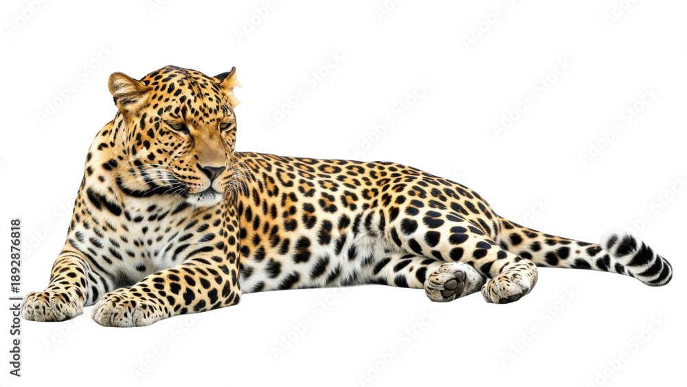 Naklejka premium Wild leopard resting on a white background while showing its unique coat patterns during the daytime in a natural habitat