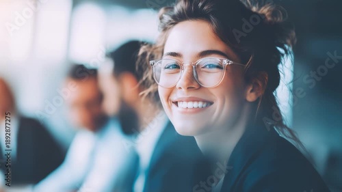 Cheerful business woman with glasses laughing in modern office with blurred professional team during meeting seminar