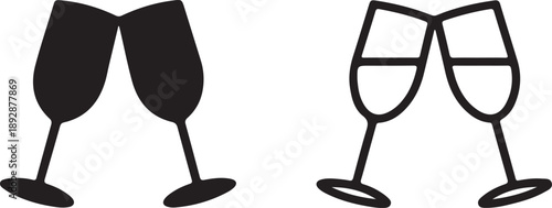 A minimalist black and white illustration depicts two champagne flutes in a celebratory toasting arrangement high quality professional detailed