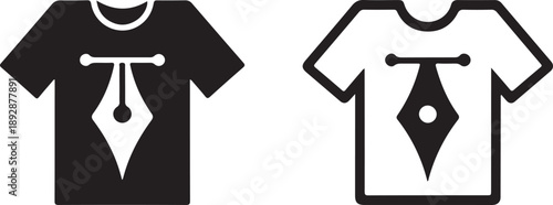 A minimalist graphic depicts two t shirts with a stylized quill and inkwell emblem both in a black and white