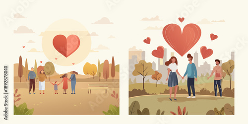 Vector illustration of an abstract background featuring a romantic cartoon couple and children celebrating Valentine's Day with heart balloons and family love in a fun wedding card design art