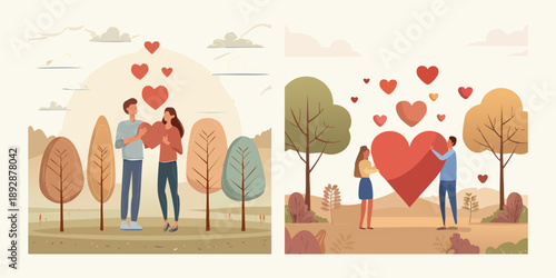 Vector illustration of a festive autumn landscape with colorful trees designed as a nature art pattern for a romantic holiday gift card