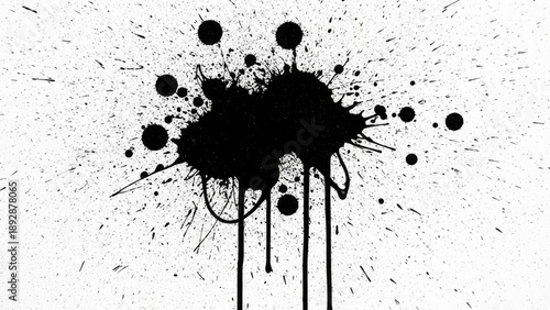 A black ink splatter on a white background with dynamic artistic expression