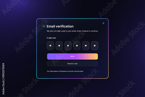 Email Verification OTP Screen UI with Gradient Button Dark Mode. UI, UX interface elements. User email verification modal with 6-digit OTP input. Futuristic neon interface. Vector graphic bar