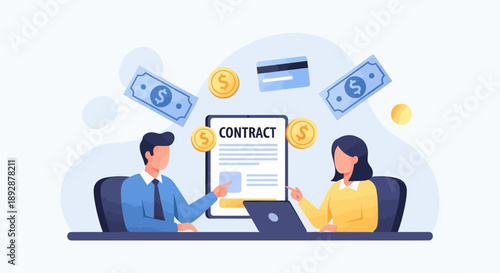 Business professionals negotiating a contract surrounded by financial symbols and documents in a modern office setting