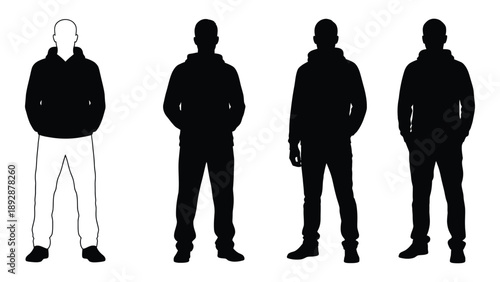 Four silhouetted figures of men in varying poses and clothing against a white background