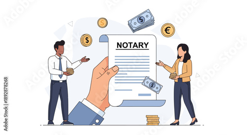 Notary public witnessing a document signing between a man and woman with floating currency symbols around them