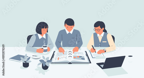 Three professionals collaborating around a table with documents and laptops in a modern office environment from a high viewpoint