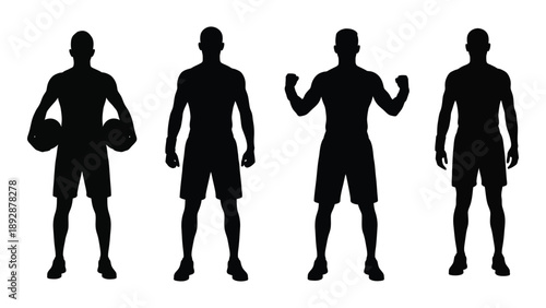 Four silhouetted figures of men in various athletic poses against a white background
