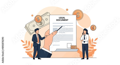 Business professionals reviewing a legal document with financial transactions and cryptocurrency elements in an office setting